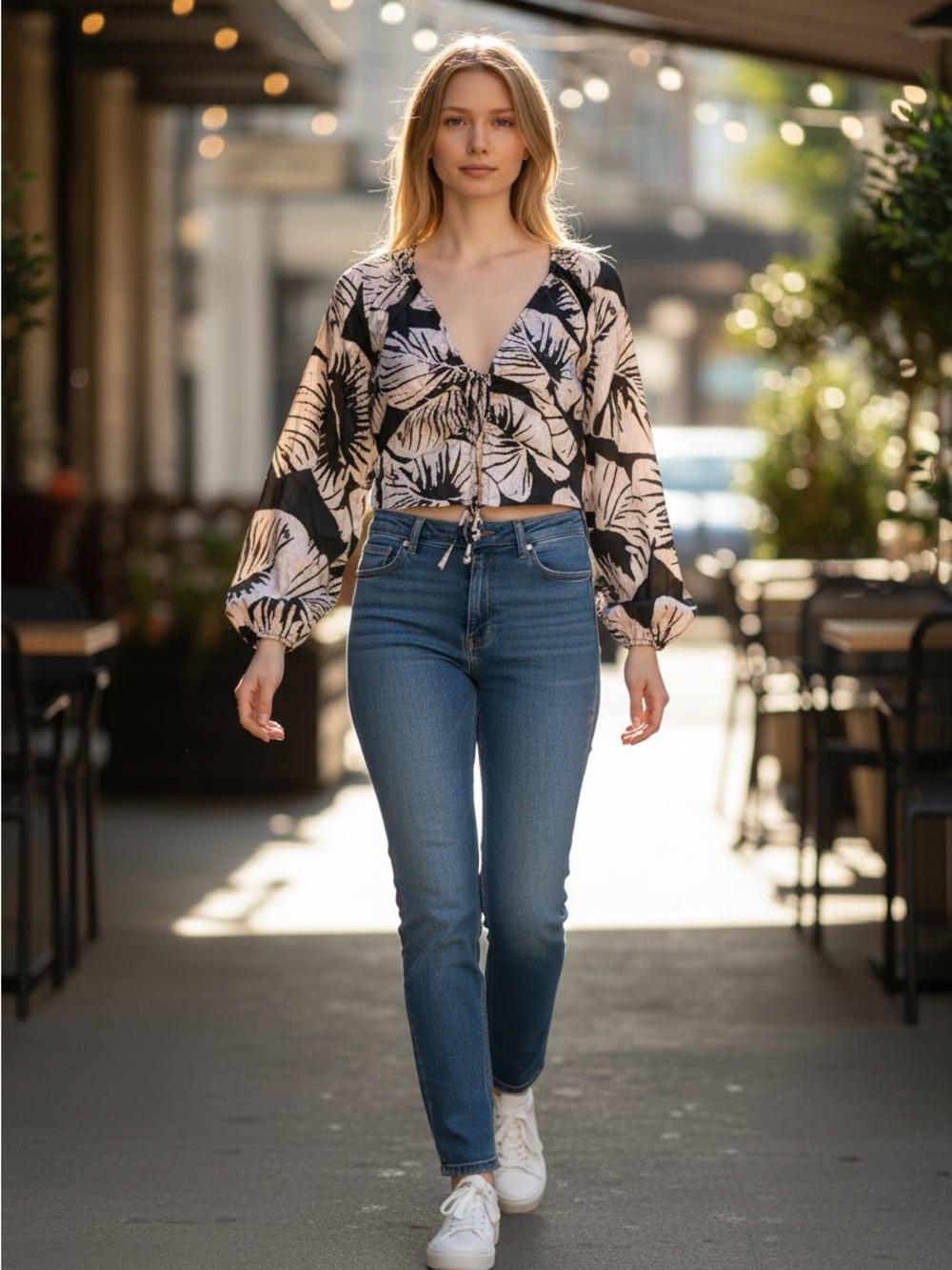 Kendall & Kylie Black and Cream Tropical Print Tie-Front Blouse